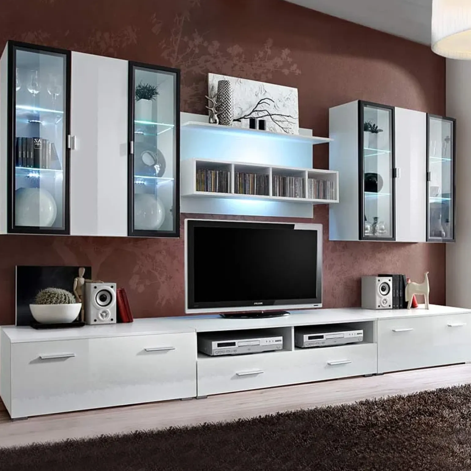 Parete attrezzata 300x190h cm bianco opaco e lucido Corfù Gihome®