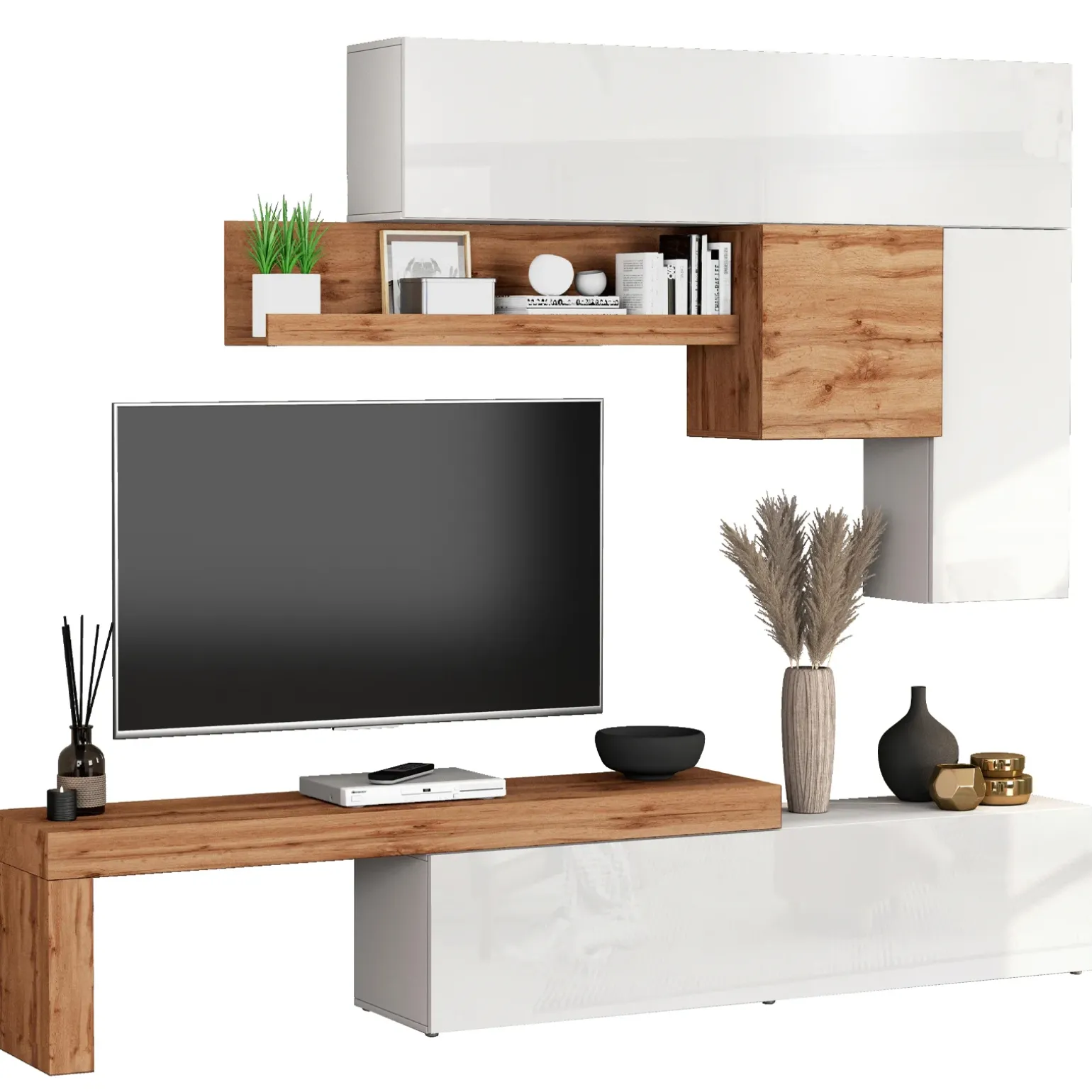 Parete attrezzata 270x200h cm bianco lucido rovere Block 2