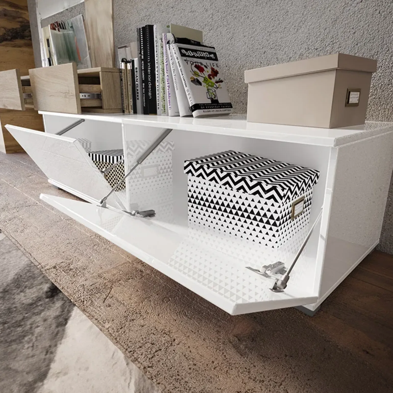 Parete attrezzata 205x200h cm bianco lucido con pannello cannettato rovere Rovella