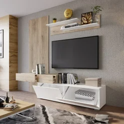 Parete attrezzata 205x200h cm bianco lucido con pannello cannettato rovere Rovella