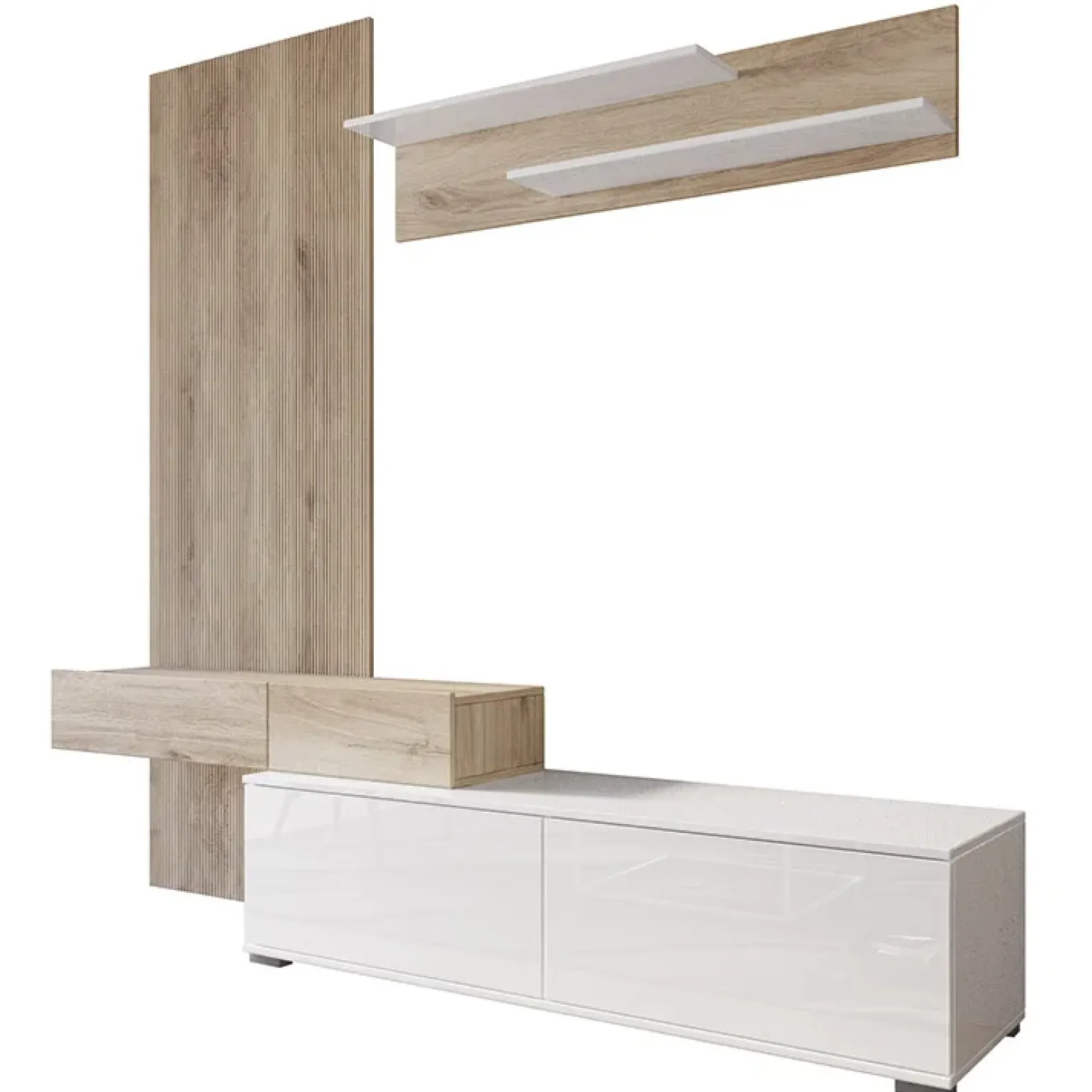 Parete attrezzata 205x200h cm bianco lucido con pannello cannettato rovere Rovella
