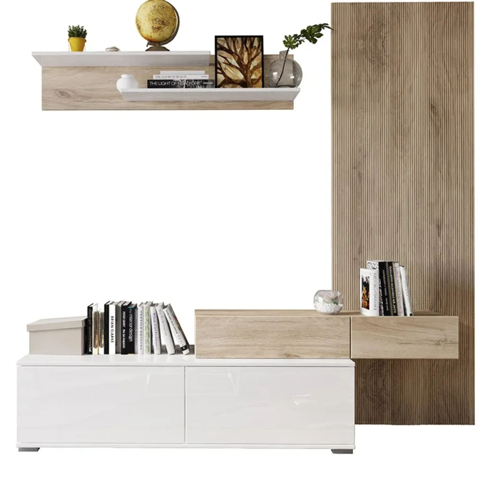 Parete attrezzata 205x200h cm bianco lucido con pannello cannettato rovere Rovella