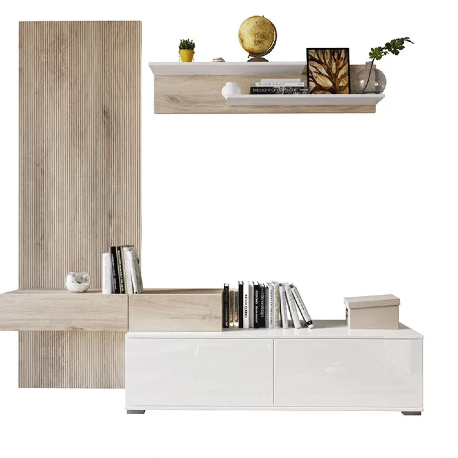 Parete attrezzata 205x200h cm bianco lucido con pannello cannettato rovere Rovella