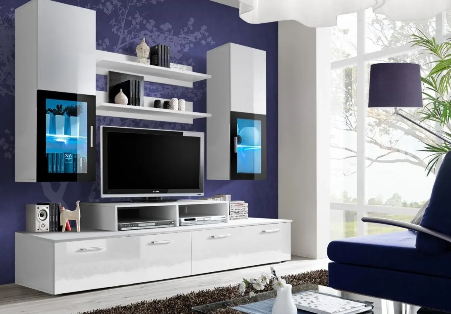 Parete attrezzata 200x225h cm bianco lucido con vetrinetta nero Orlando Gihome®