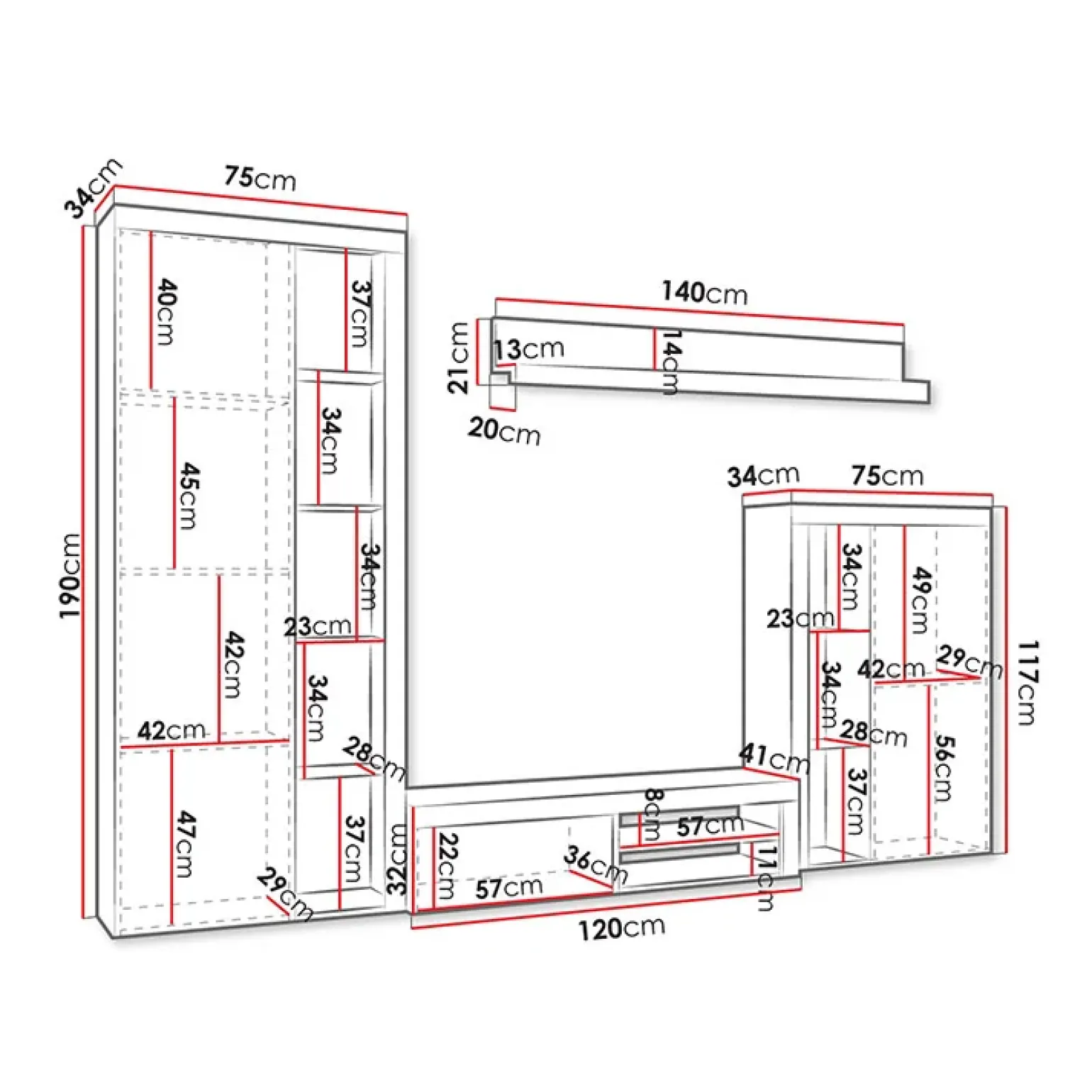 Parete attrezzata 270x190h cm bianco Edimburgo