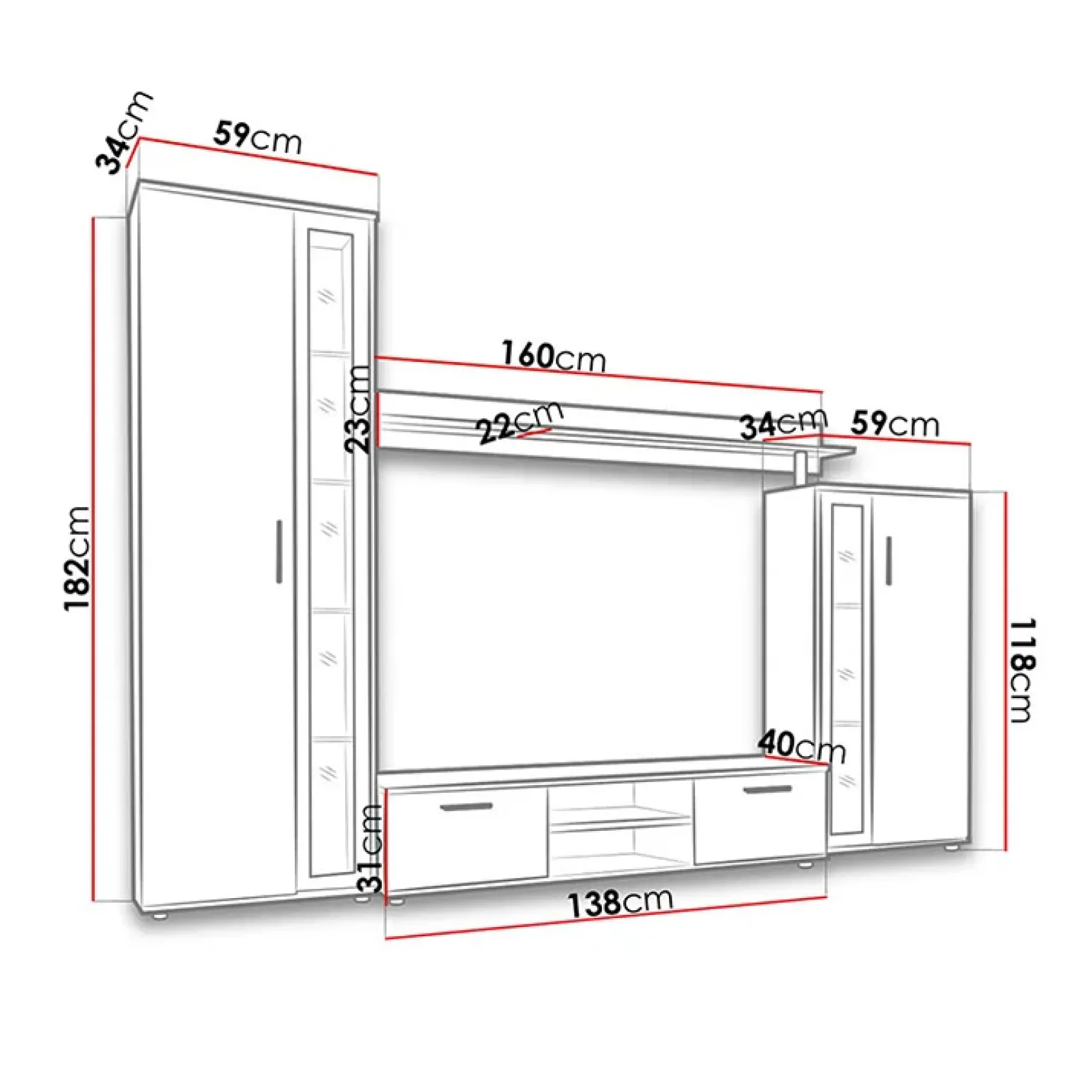 Parete attrezzata 256x182h cm bianco nero Newcastle