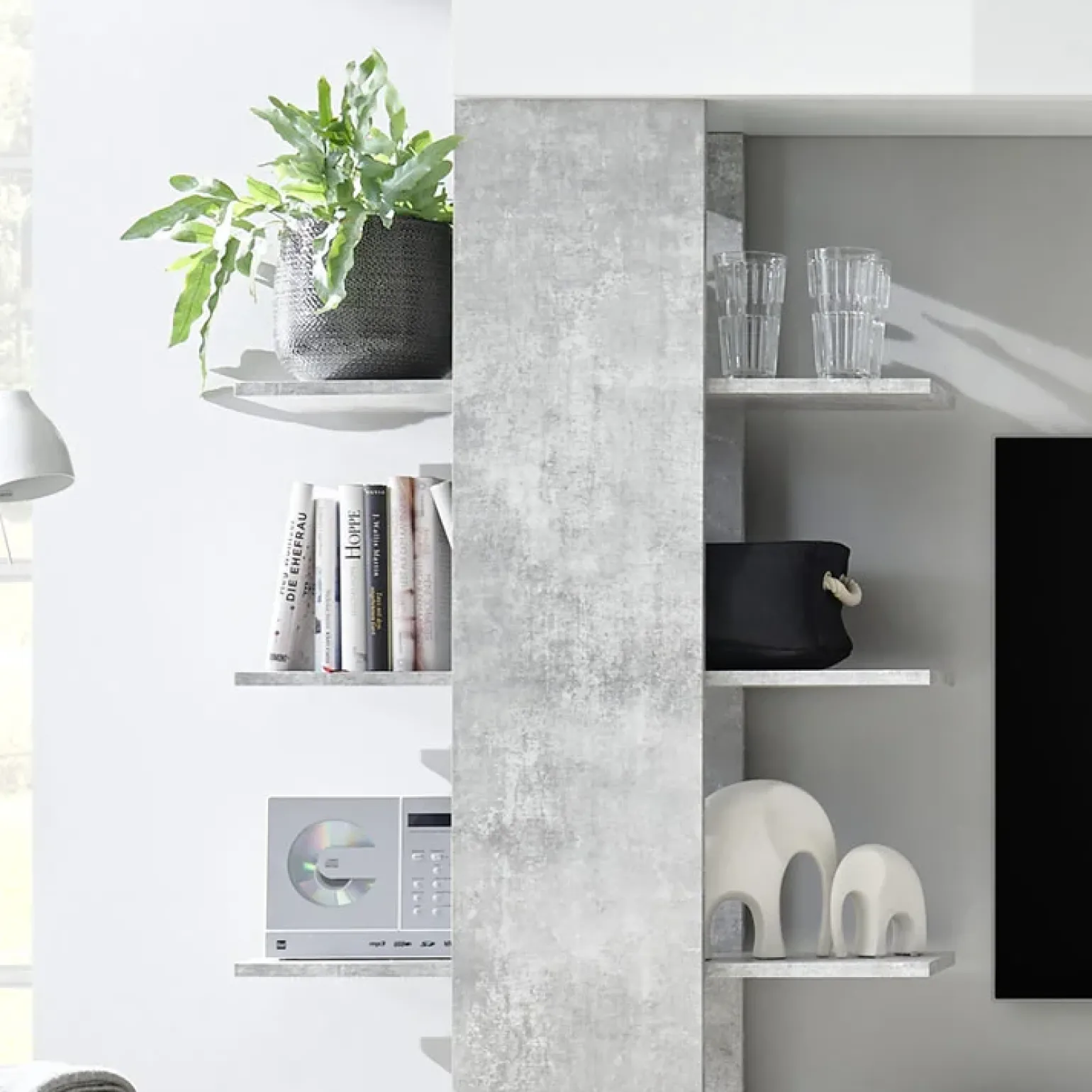 Parete attrezzata 285x187h cm bianco lucido e opaco cemento Steppi 2
