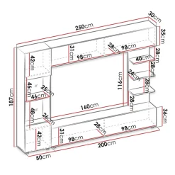 Parete attrezzata 250x187h cm con led bianco cemento Gracia