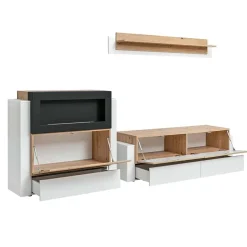 Parete attrezzata 290x175h cm con biocamino bianco rovere Arcadia Gihome®