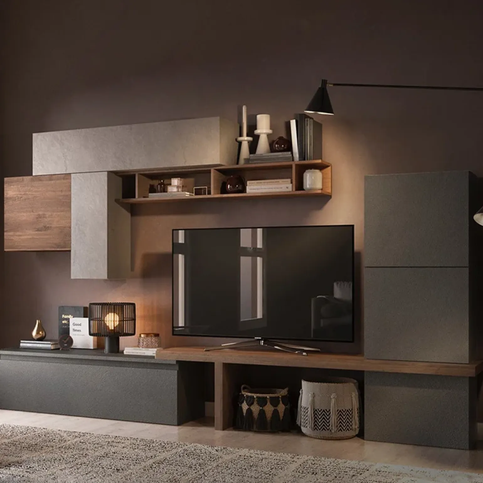 Parete attrezzata 300x195h cm moderna rovere ossido tortora Sunset 46