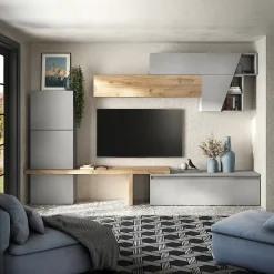 Parete attrezzata 305x210h cm moderna grigio chiaro rovere chiaro Sunset 74