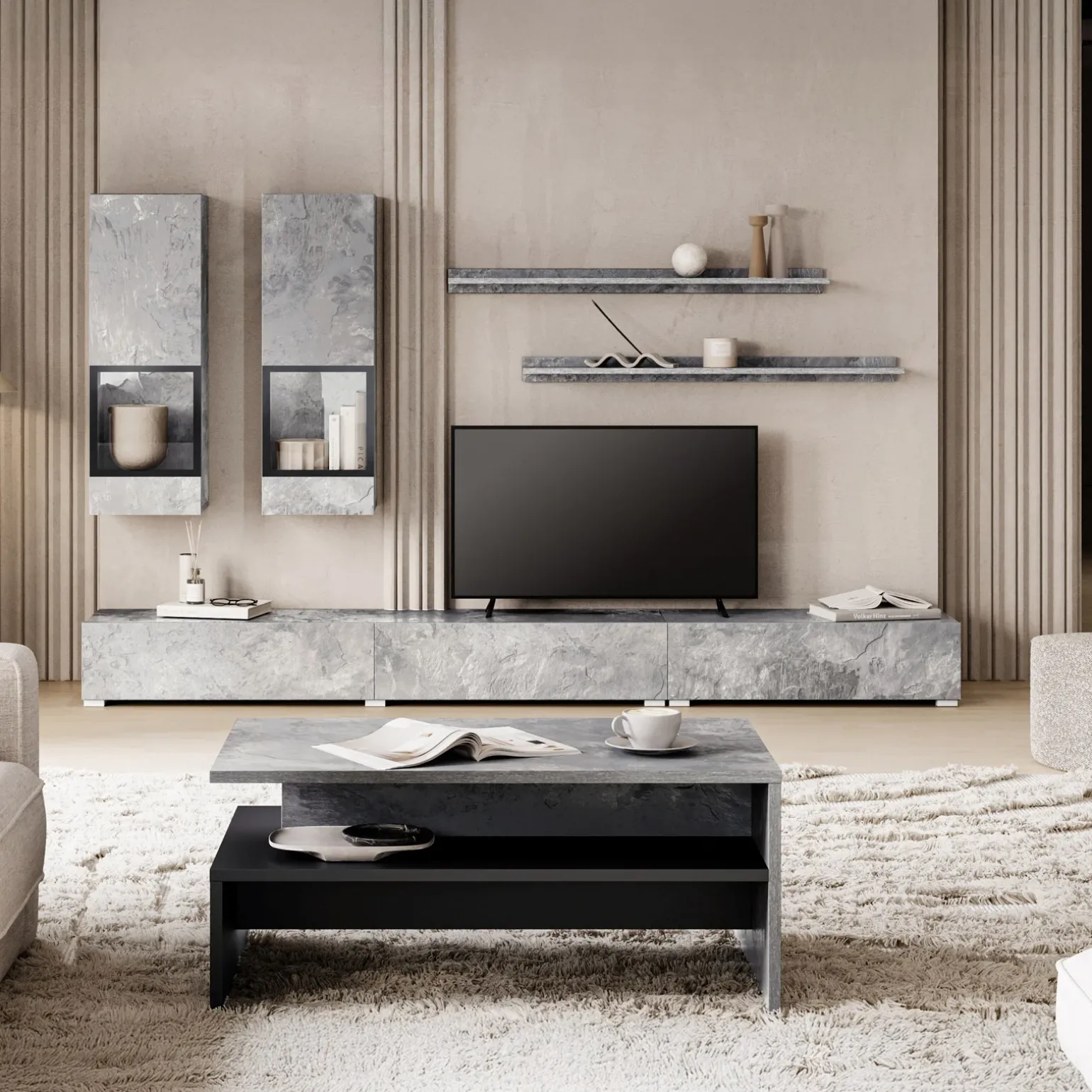 Parete attrezzata 270x176h cm moderna grigio cemento Emotion Gihome®