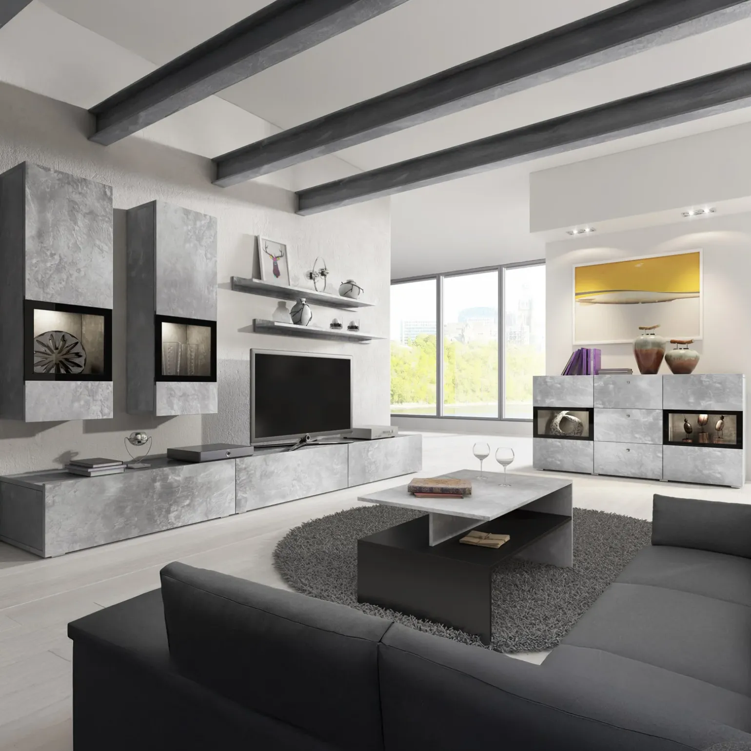 Parete attrezzata 270x176h cm moderna grigio cemento Emotion Gihome®