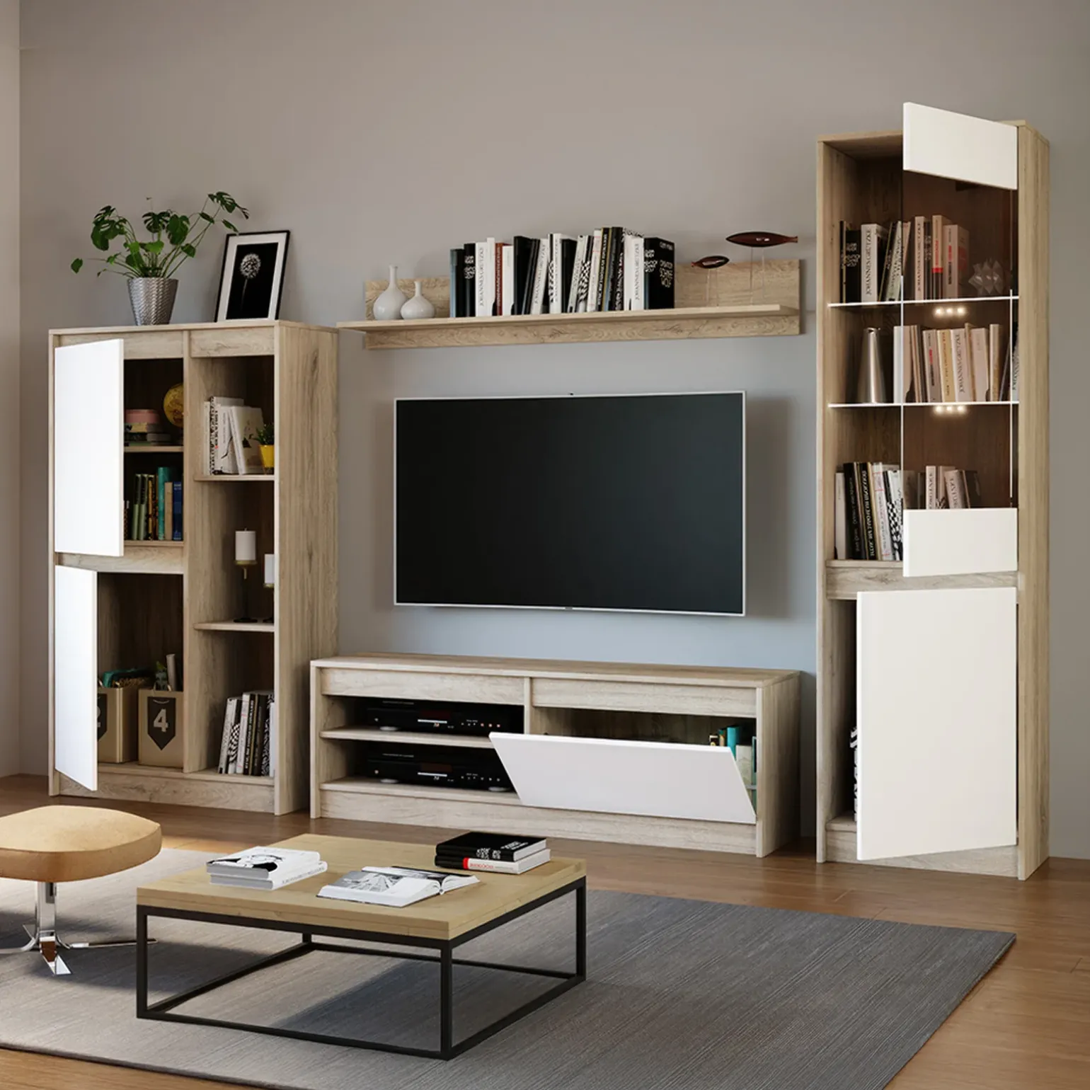 Parete attrezzata 260x181h cm moderna bianco opaco rovere sonoma Himal