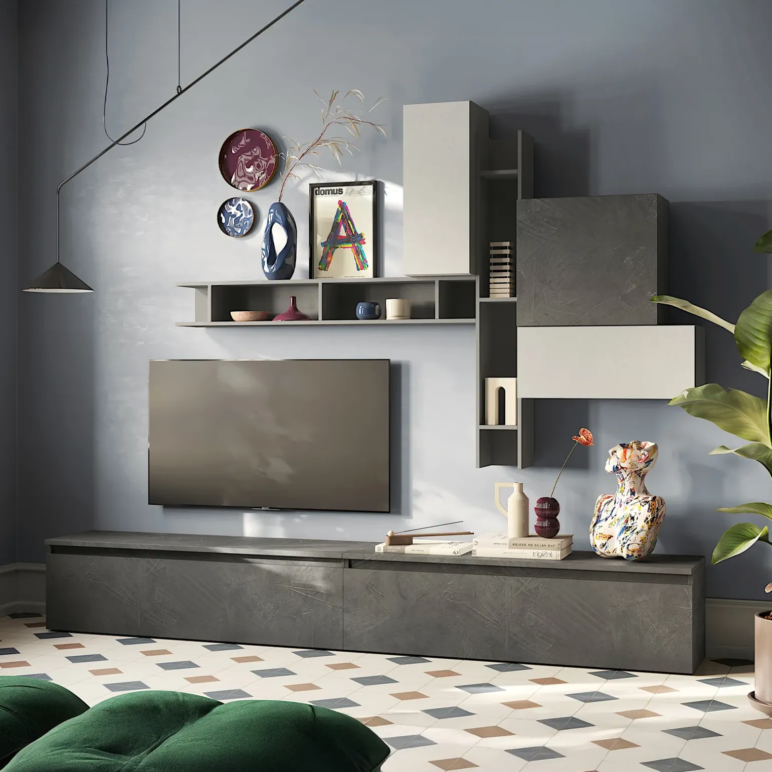 Parete attrezzata 276x228h cm moderna grigio antracite Sunset 90