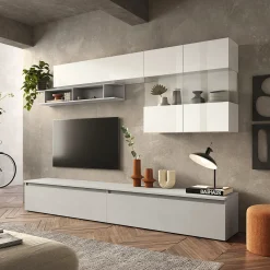 Parete attrezzata 276x202h cm moderna grigio chiaro bianco lucido Sunset 71