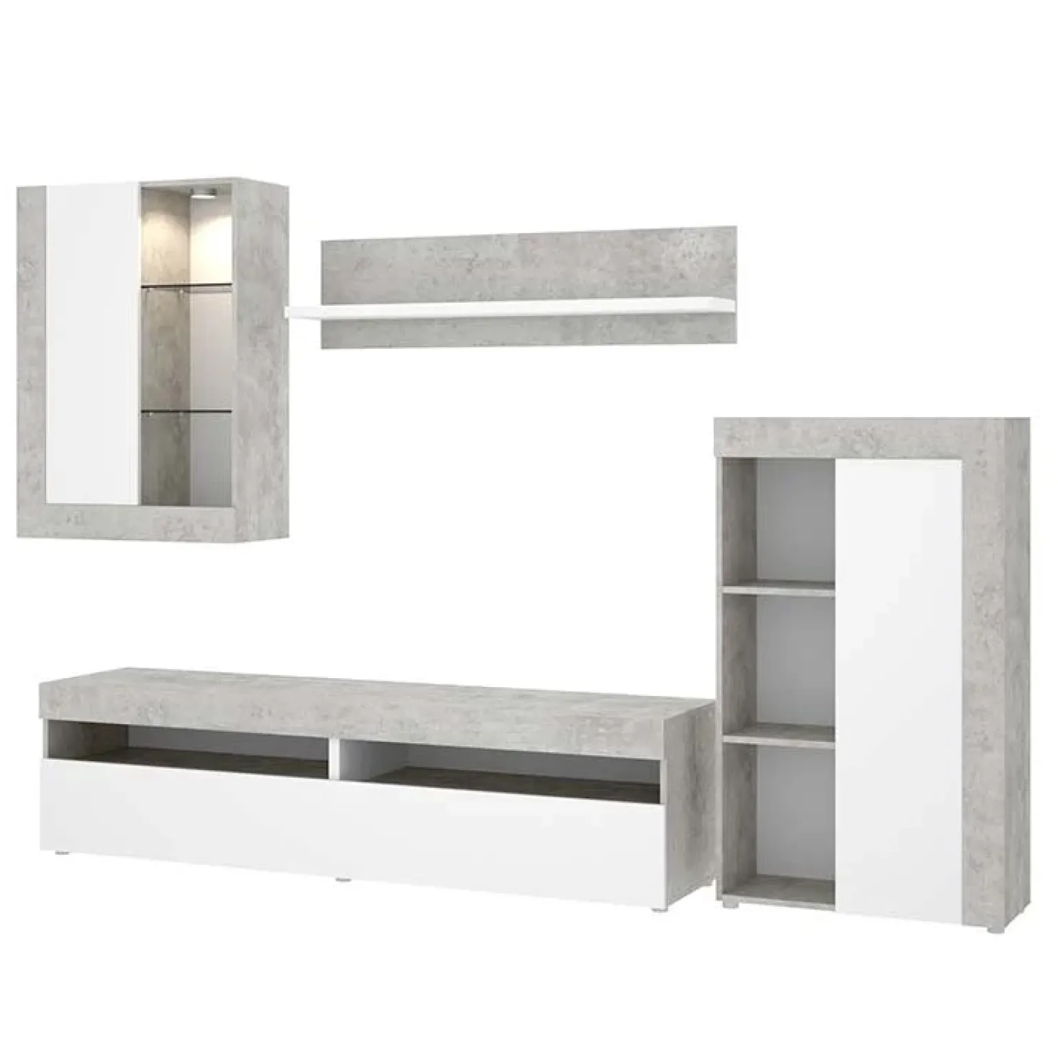 Parete attrezzata 254x294h cm moderna bianco opaco cemento Freddy