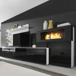 Parete attrezzata 288x170h cm moderna reversibile con biocamino nero Fire Gihome®