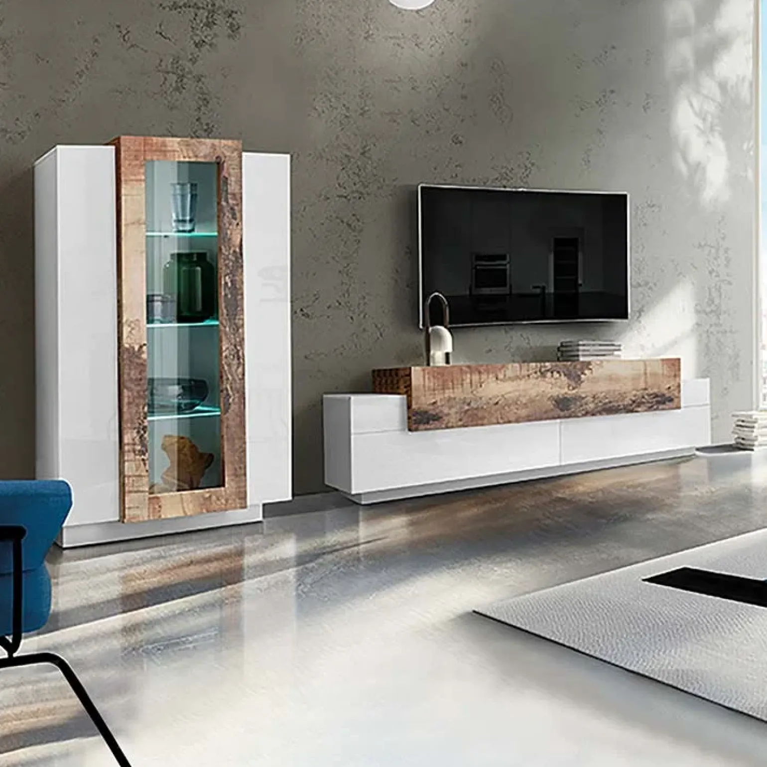 Parete attrezzata 290x121h cm moderna bianco lucido acero Milos Gihome®