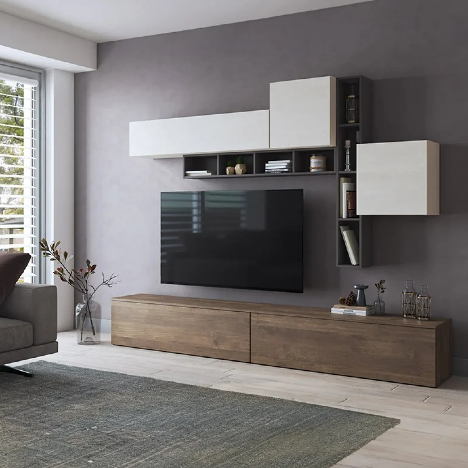 Parete attrezzata 258x200h cm moderna soggiorno noce bianco Bellon