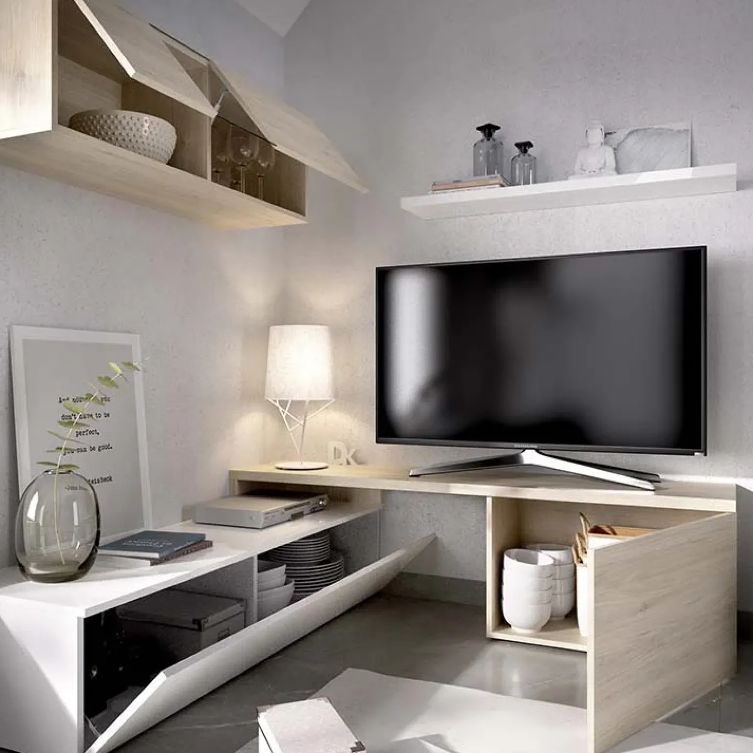 Parete attrezzata 201x155h cm moderna rovere naturale bianco lucido Gomer