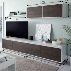 Parete attrezzata 200x145h cm moderna soggiorno bianco opaco ossido Itaca
