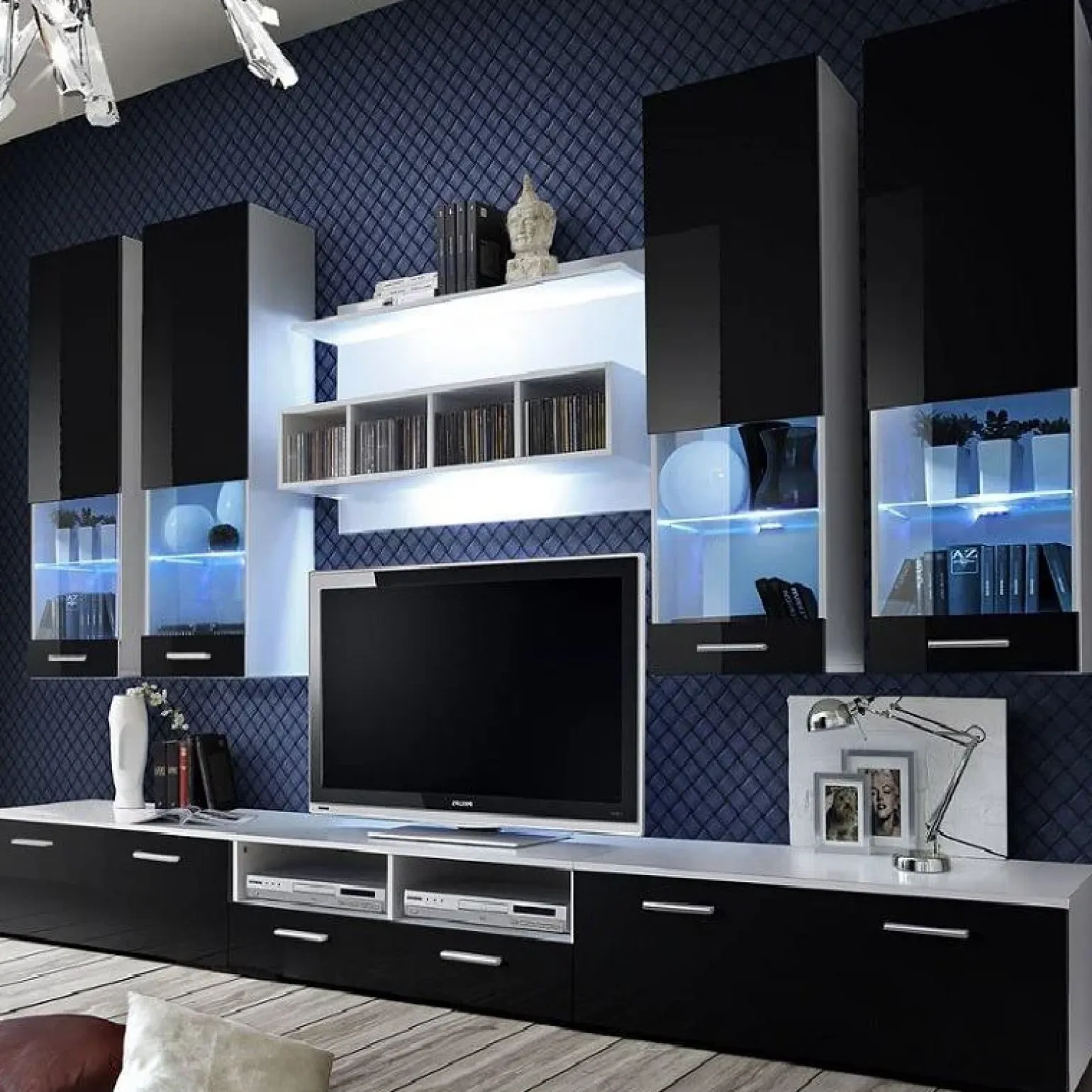 Parete attrezzata 300x190h cm moderna bianco opaco nero lucido Baltimora Gihome®