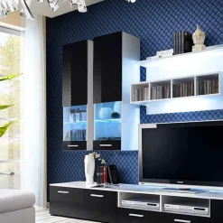 Parete attrezzata 300x190h cm moderna bianco opaco nero lucido Baltimora Gihome®