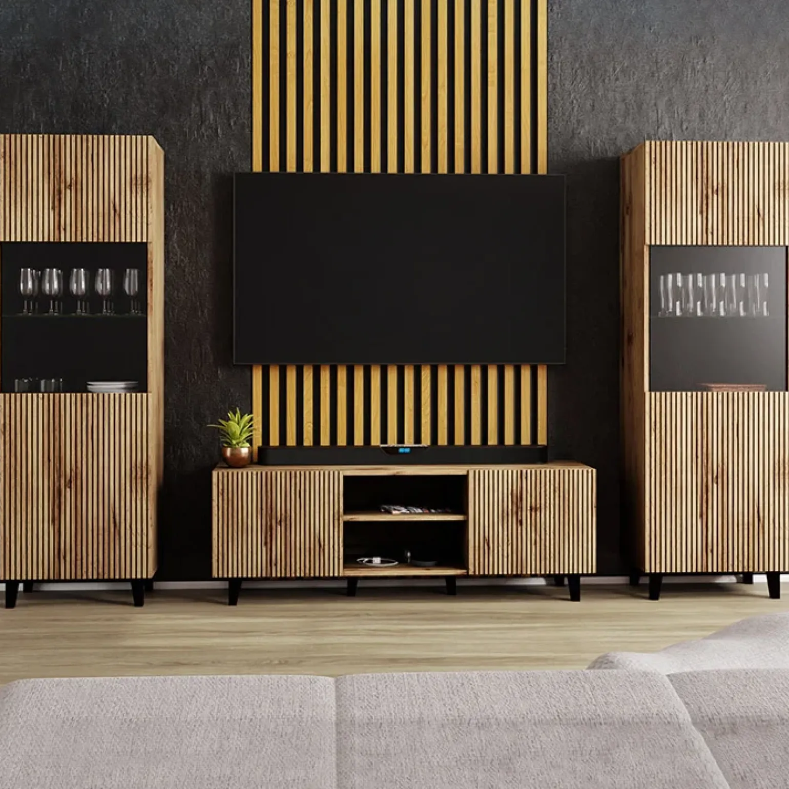 Parete attrezzata 290x183h cm moderna cannettato quercia Essence