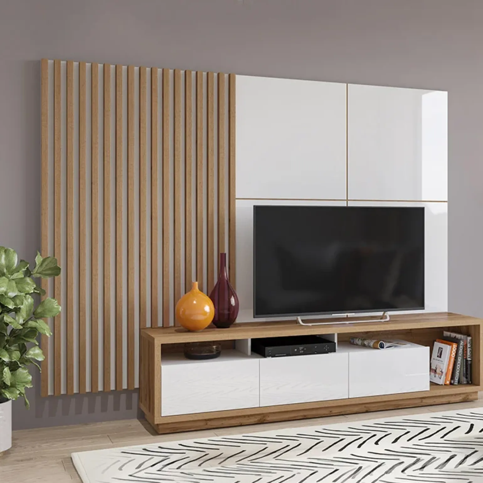 Parete attrezzata 251x196h cm moderna bianco lucido rovere Favorita