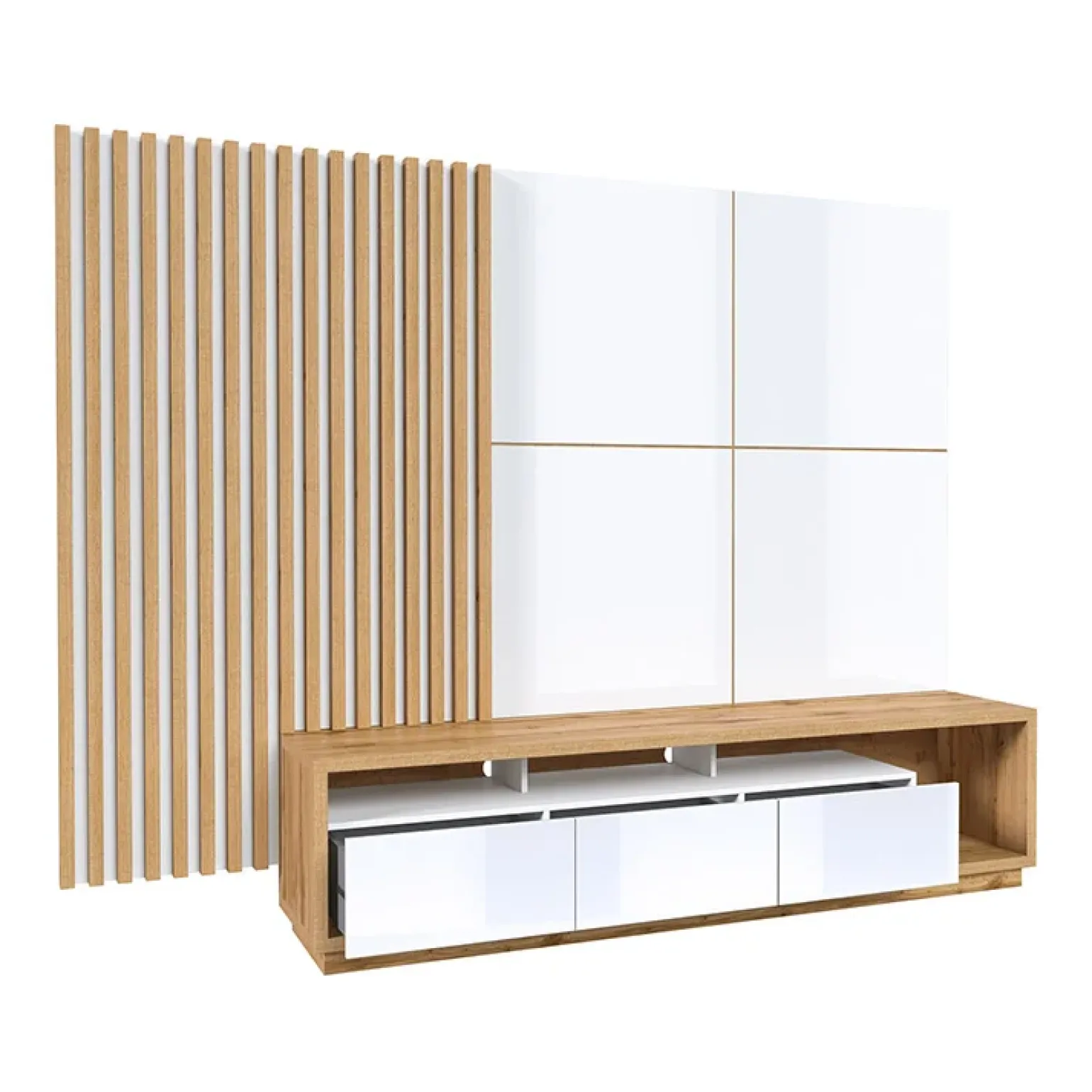 Parete attrezzata 251x196h cm moderna bianco lucido rovere Favorita