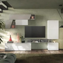 Parete attrezzata 310x210h cm moderna bianco lucido grigio chiaro Sunset 92