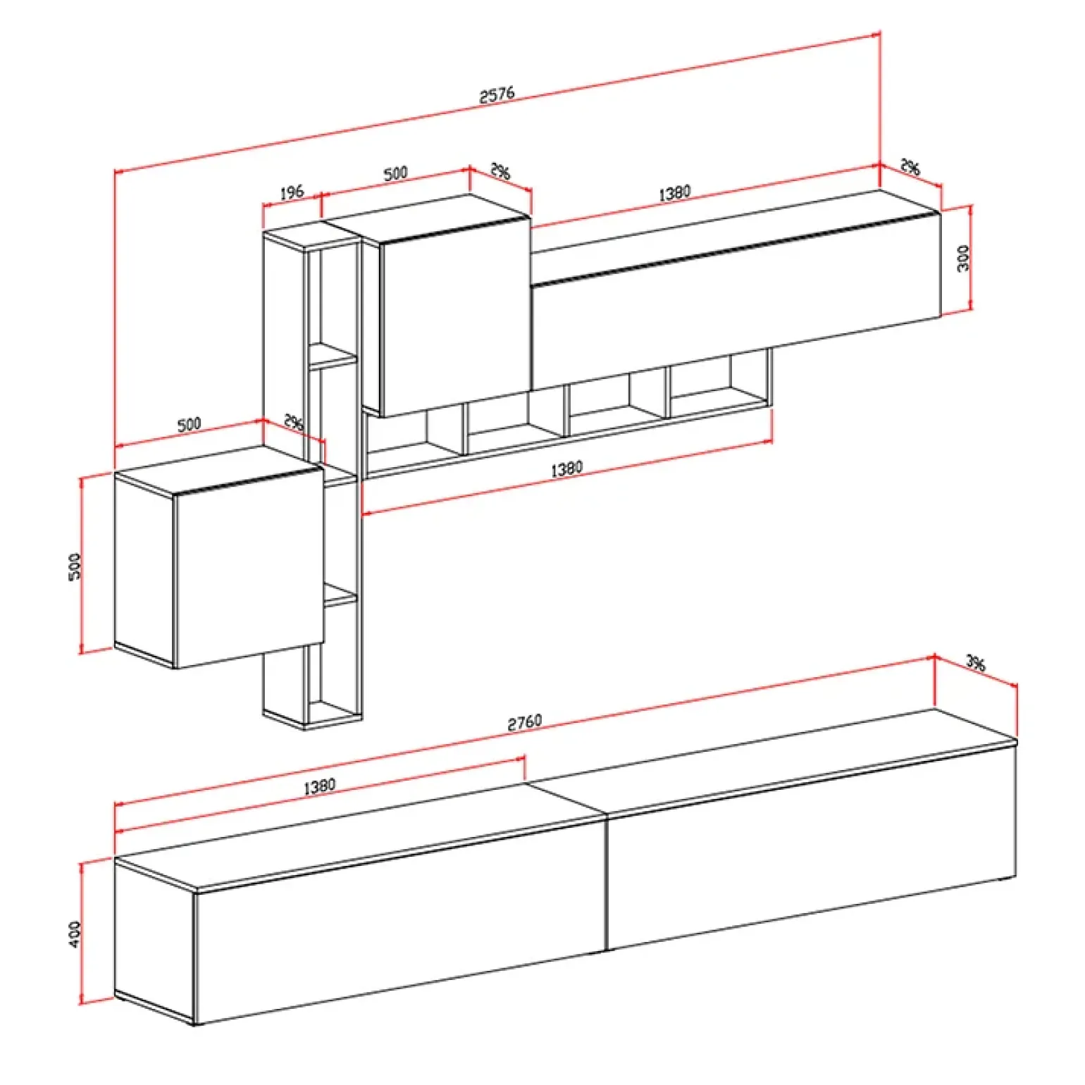 Parete attrezzata 258x200h cm moderna soggiorno ossido bianco Bellon