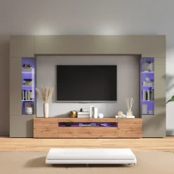 Parete attrezzata 290x190h cm moderna 2 vetrine tortora rovere Zenith 2