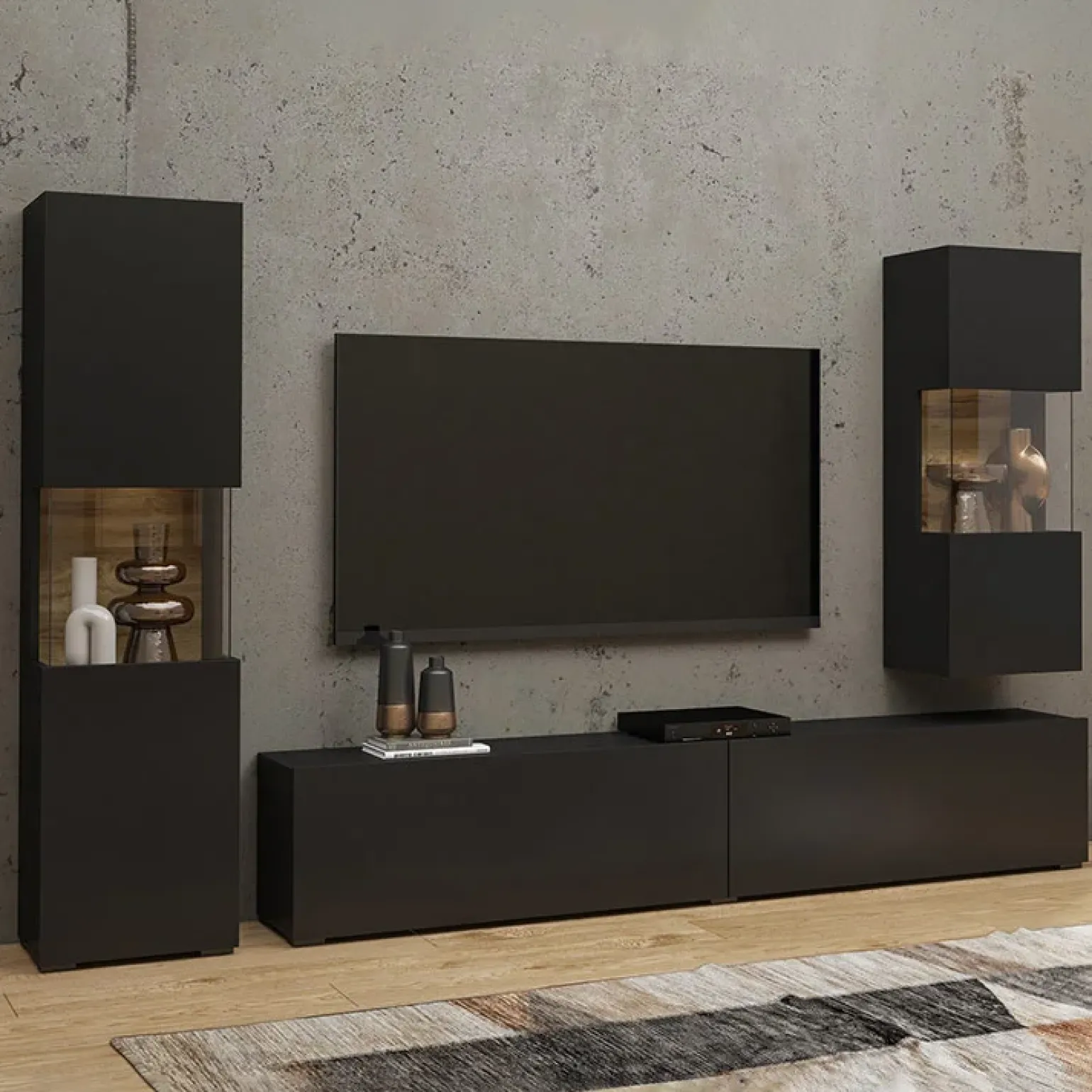 Parete attrezzata 226x140h cm nero rovere Fusion 2