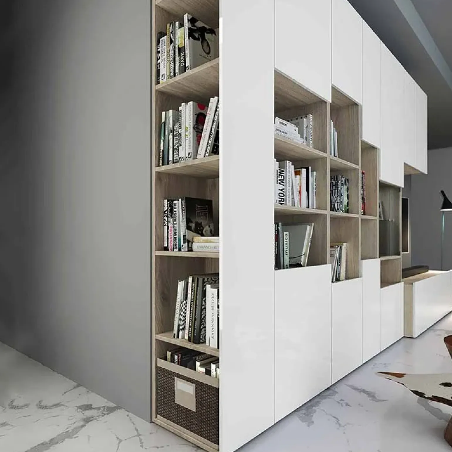 Parete attrezzata 340x205h cm rovere bianco lucido con led Shanti