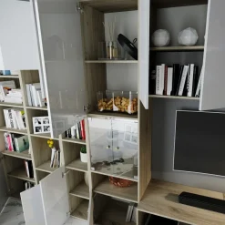 Parete attrezzata 340x205h cm rovere bianco lucido con led Shanti