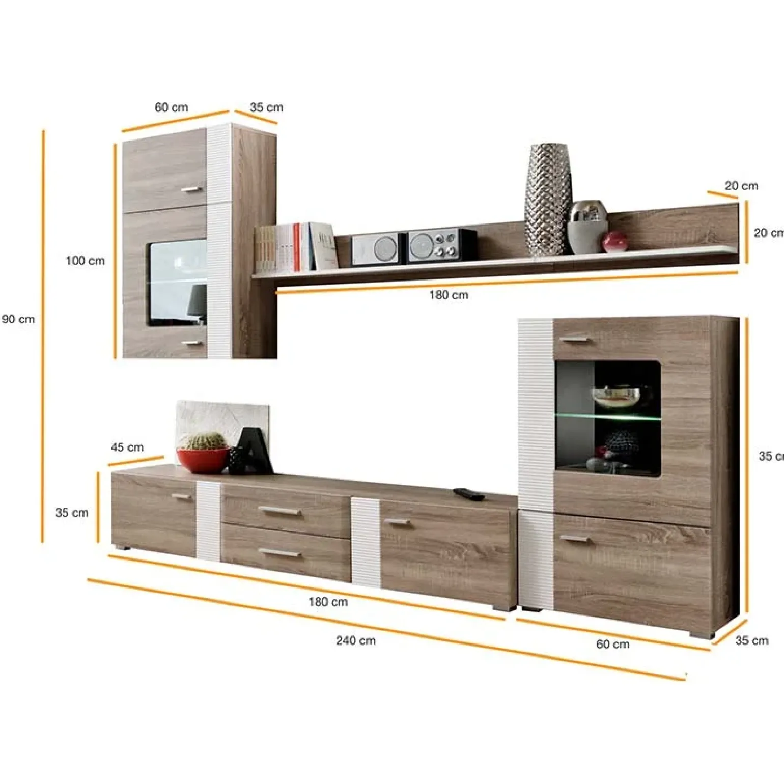 Parete attrezzata 240x190h cm rovere bianco lucido Mexico Gihome®
