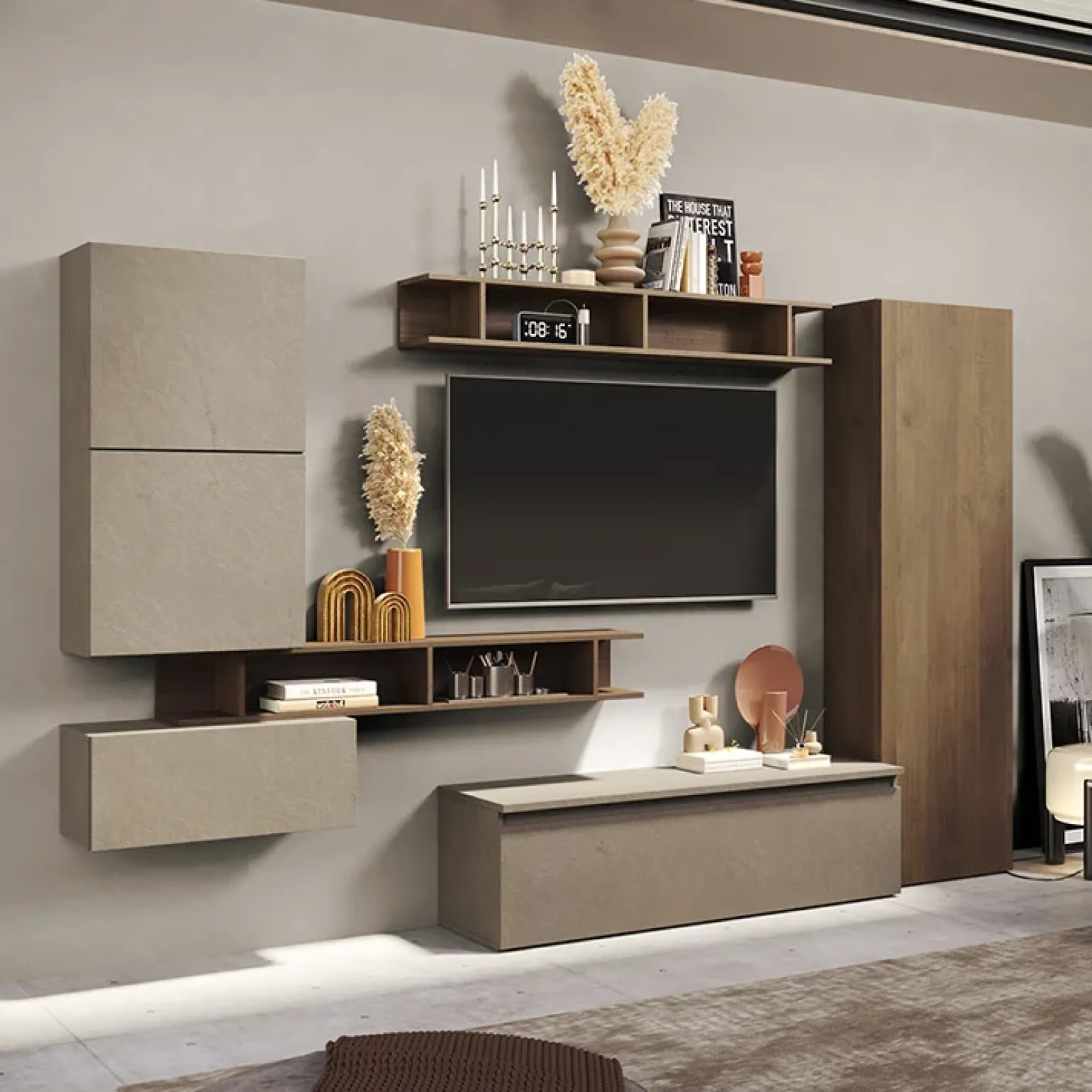 Parete attrezzata 295x186h cm salvaspazio moderna tortora rovere scuro Sunset 38