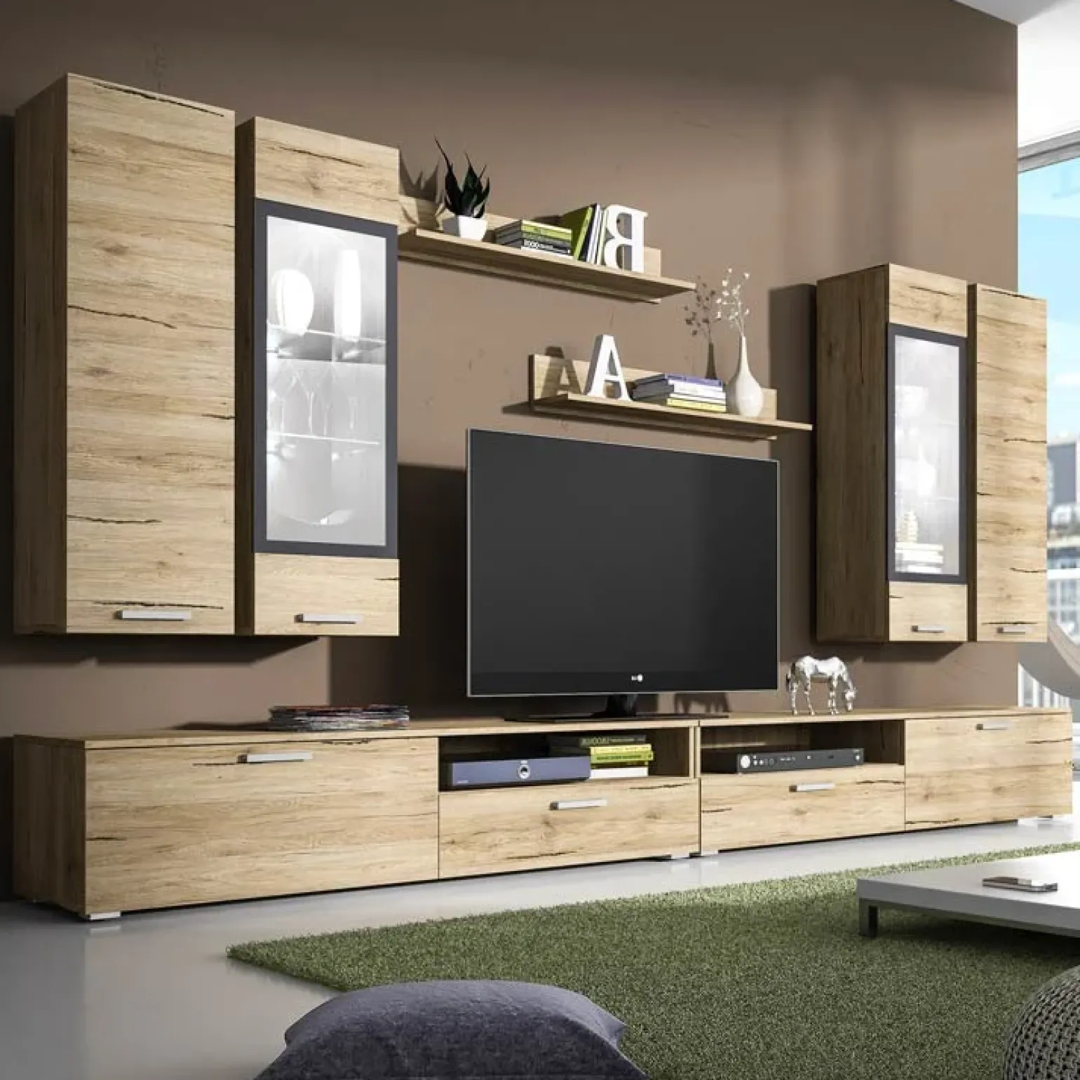 Parete attrezzata 280x190h cm soggiorno rovere nero Glamour Gihome®