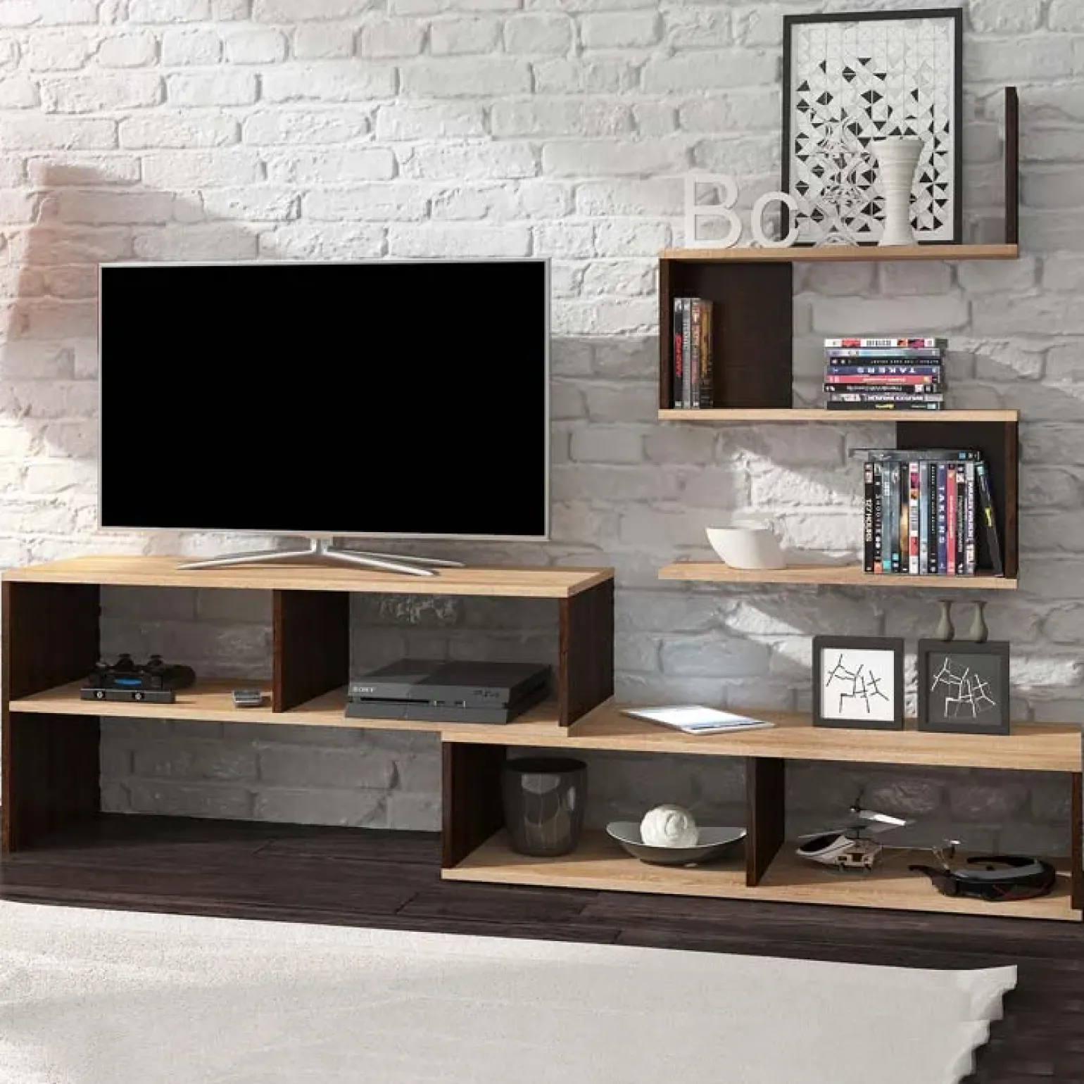 Parete attrezzata 180x165h cm soggiorno rovere chiaro e scuro Jessica