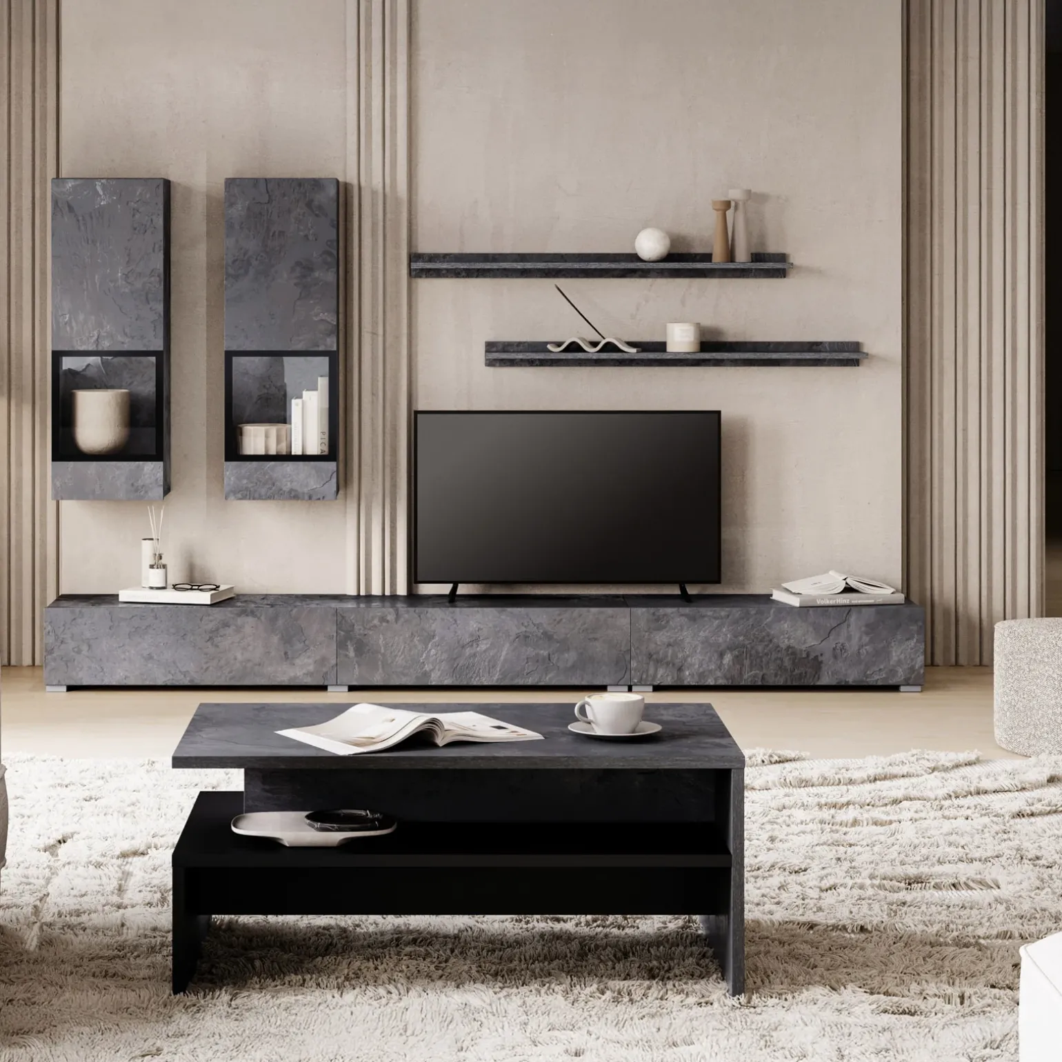 Parete attrezzata 270x176h cm soggiorno ossido nero Emotion Gihome®