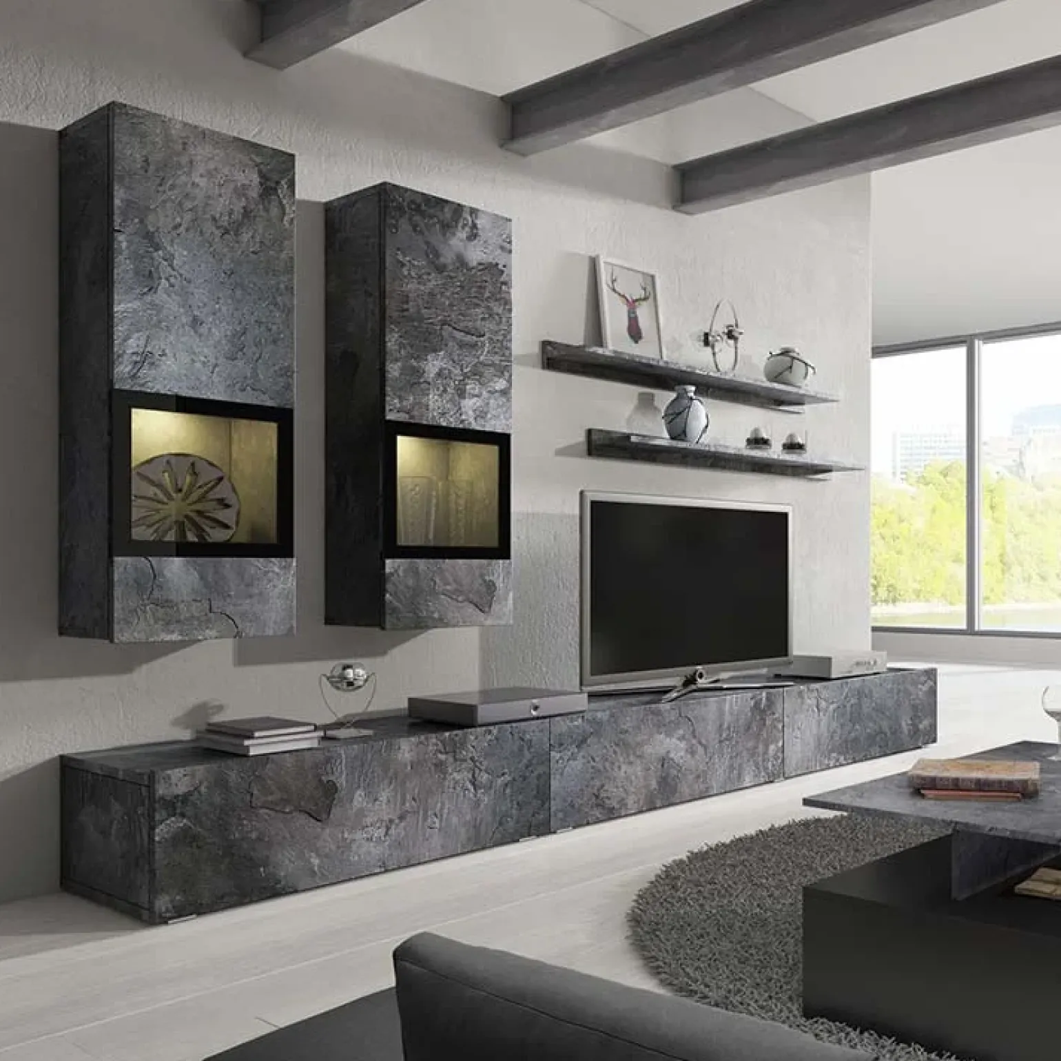 Parete attrezzata 270x176h cm soggiorno ossido nero Emotion Gihome®