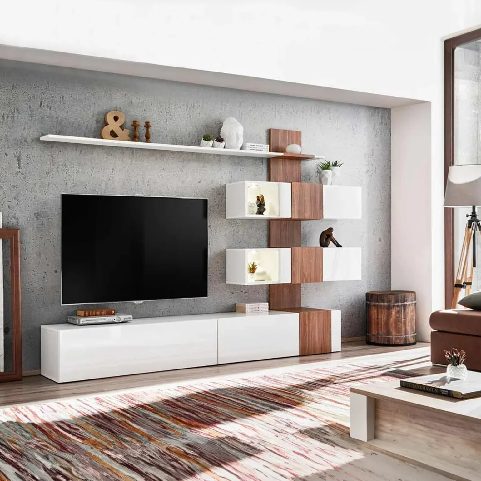 Parete attrezzata 250x160h cm soggiorno noce bianco lucido Coimbra