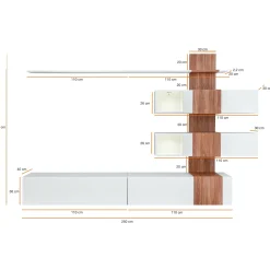 Parete attrezzata 250x160h cm soggiorno noce bianco lucido Coimbra