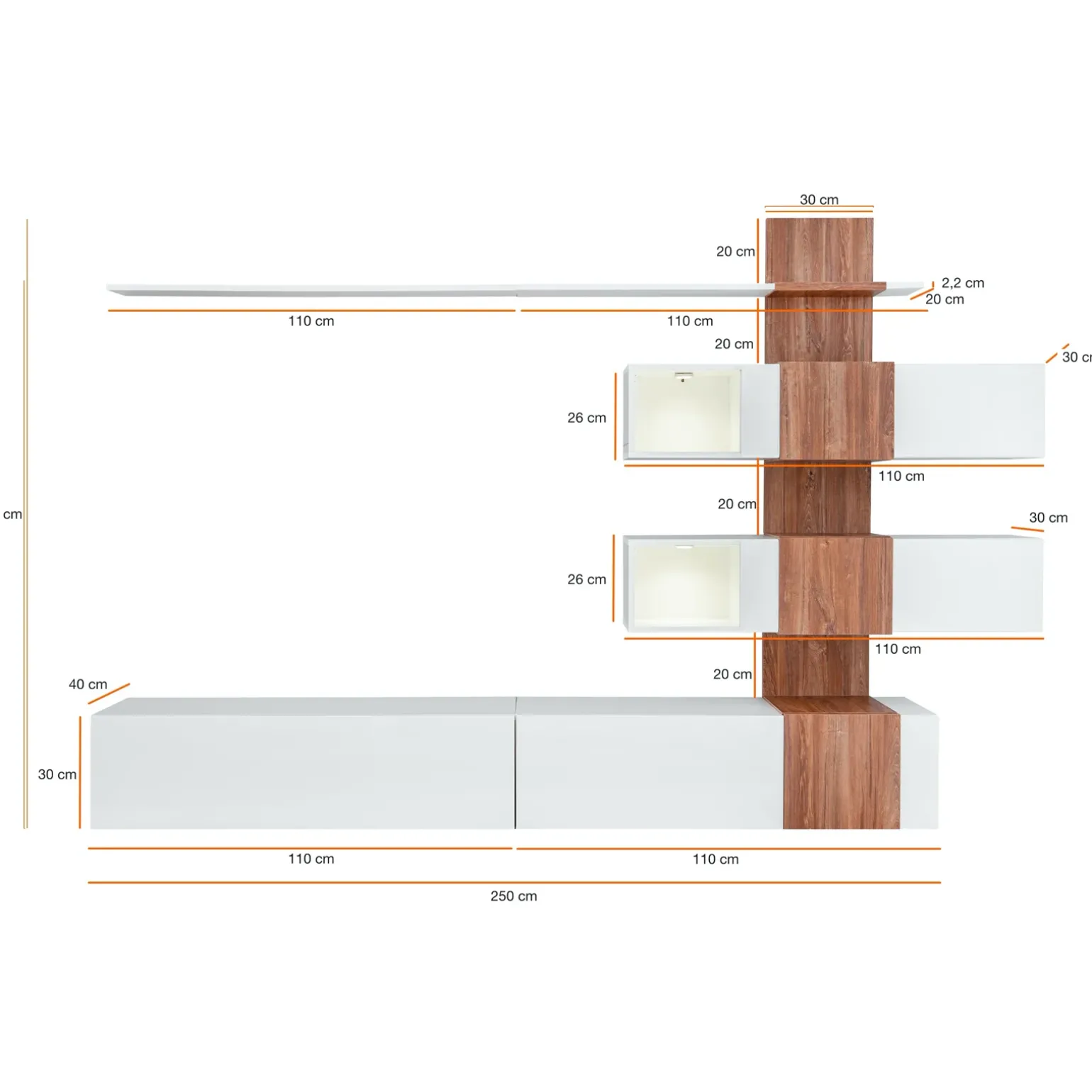 Parete attrezzata 250x160h cm soggiorno noce bianco lucido Coimbra