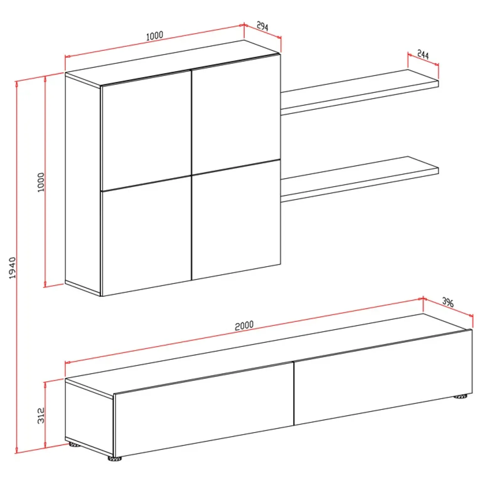 Parete attrezzata 200x244h cm soggiorno bianco frassinato Euphoria
