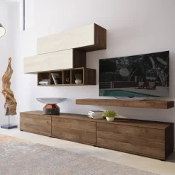 Parete attrezzata 270x183h cm soggiorno noce bianco spatolato America Gihome®