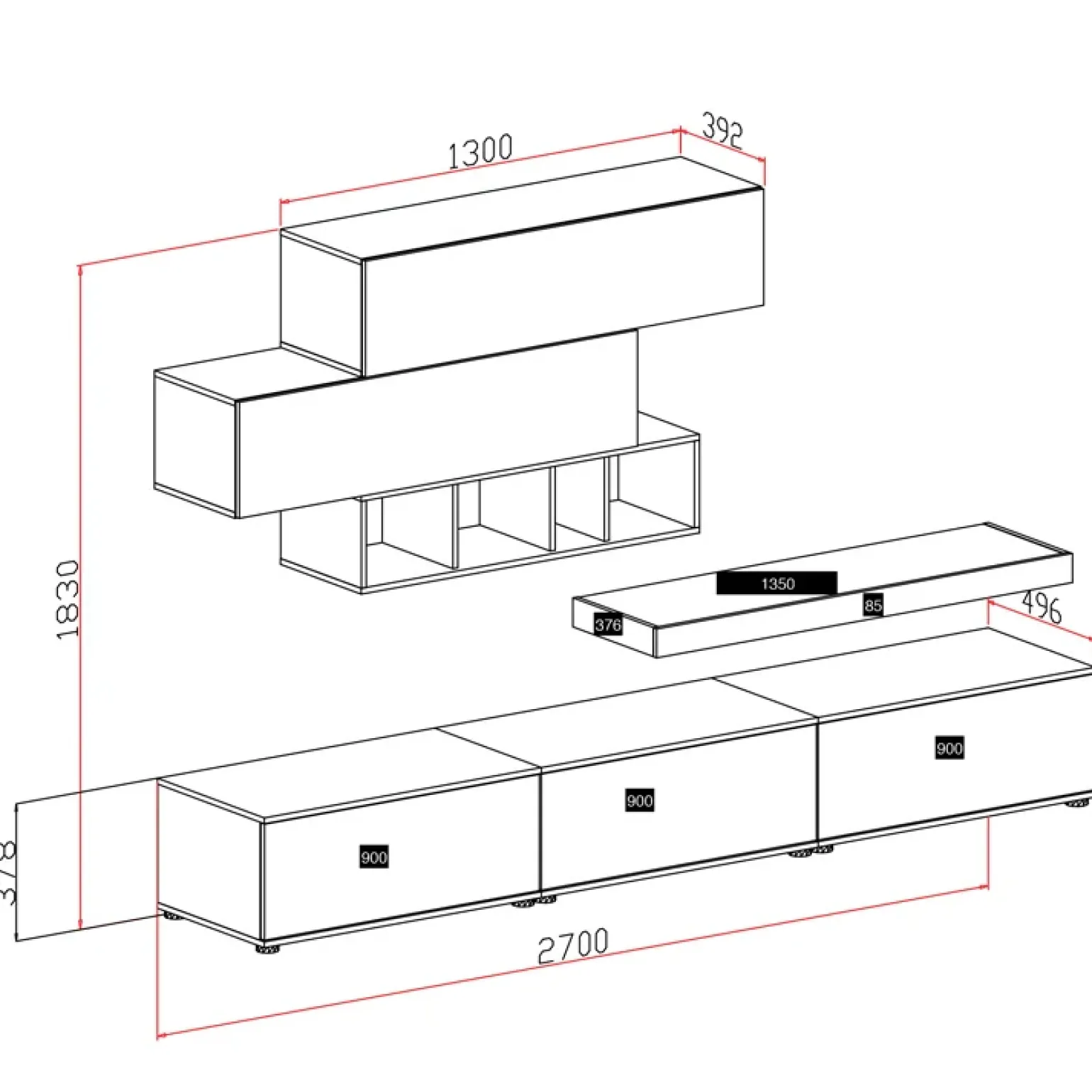 Parete attrezzata 270x183h cm soggiorno noce bianco spatolato America Gihome®