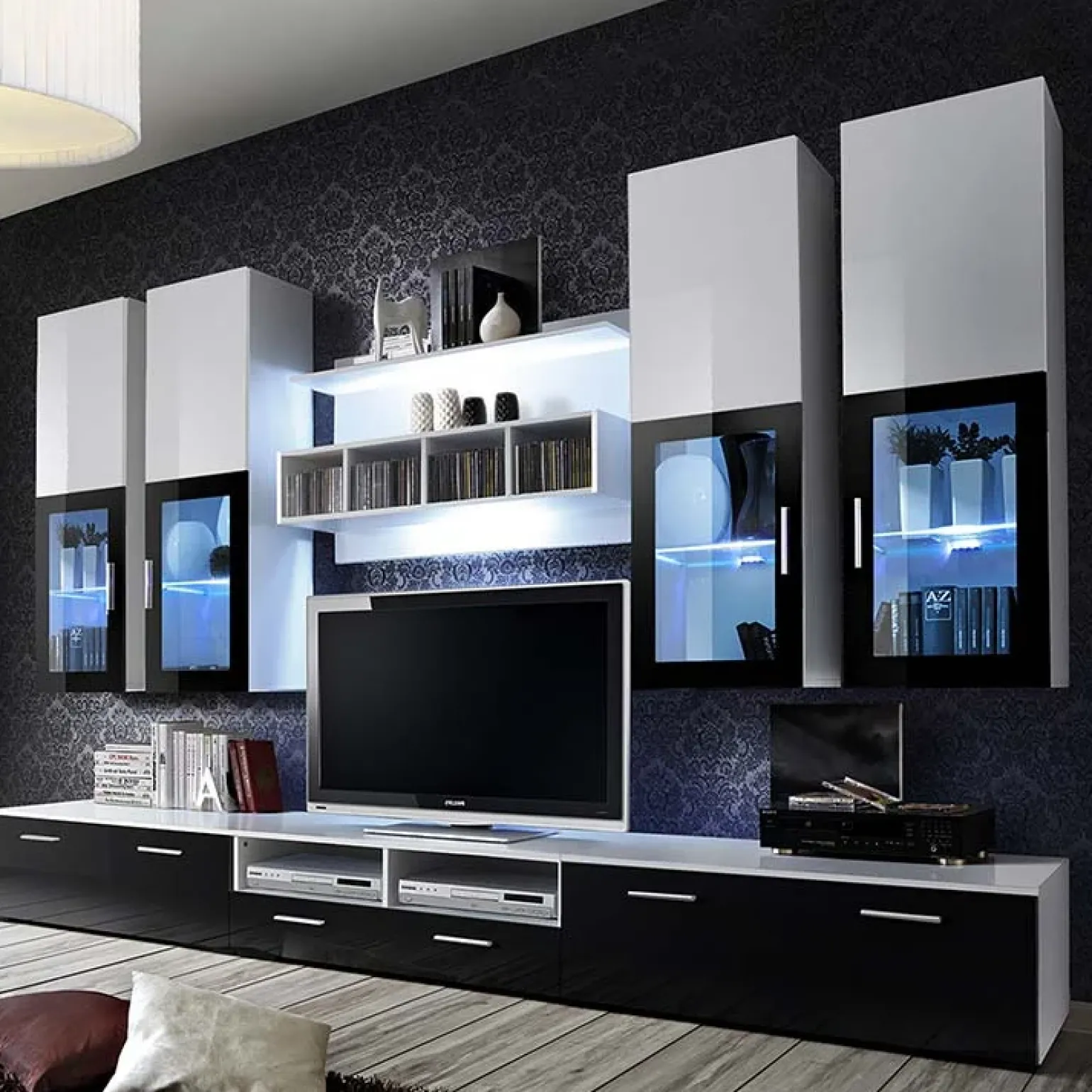 Parete attrezzata 300x190h cm soggiorno nero e bianco lucido Barrie Gihome®